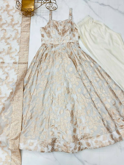 The52 Women's Gorgeous Jacquard Work Jacquard Silk Fabric Flared Anarkali Pant and Dupatta Set-White