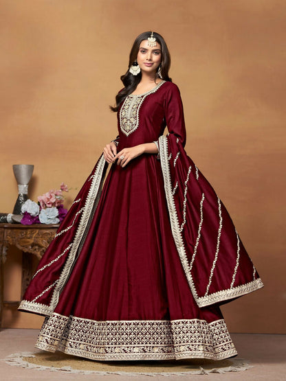 Anaita Maroon Embroidered Art Silk Anarkali Suit