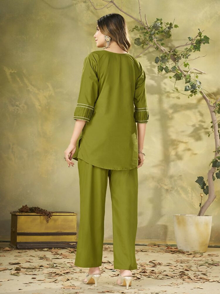 Teeya Creation Olive Green Embroidered Cotton Co-ord Set for Women