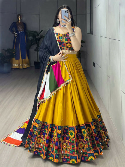 Yash Enterprise Mustard Rayon Cotton Embroidery Semi Stitched Navratri Chaniya Choli