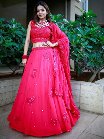 Tulsi Art Beautiful Pink Sequins Georgette Wedding Lehenga Choli With Dupatta