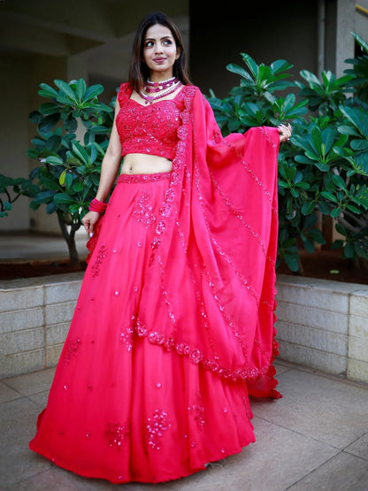 Tulsi Art Beautiful Pink Sequins Georgette Wedding Lehenga Choli With Dupatta