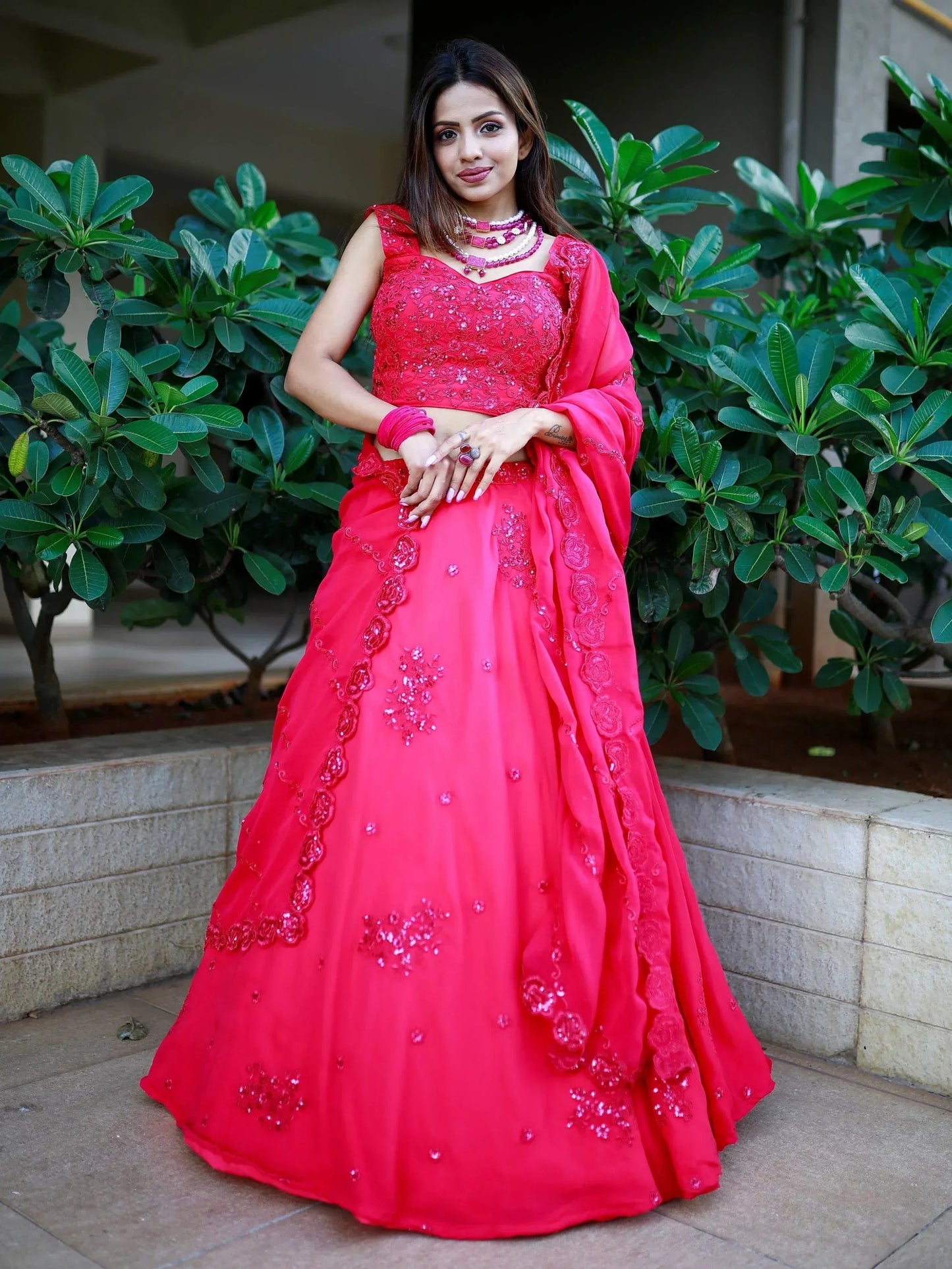 Tulsi Art Beautiful Pink Sequins Georgette Wedding Lehenga Choli With Dupatta