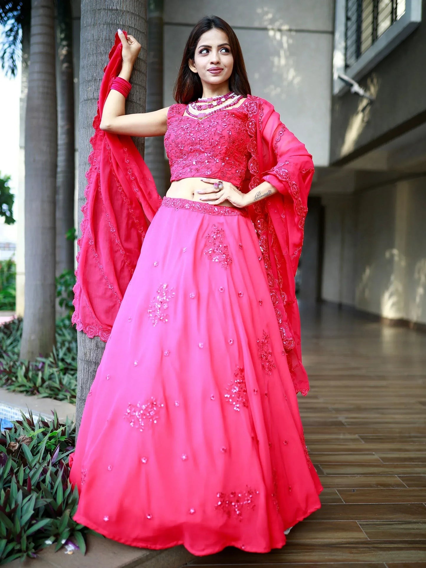 Tulsi Art Beautiful Pink Sequins Georgette Wedding Lehenga Choli With Dupatta