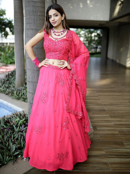 Tulsi Art Beautiful Pink Sequins Georgette Wedding Lehenga Choli With Dupatta