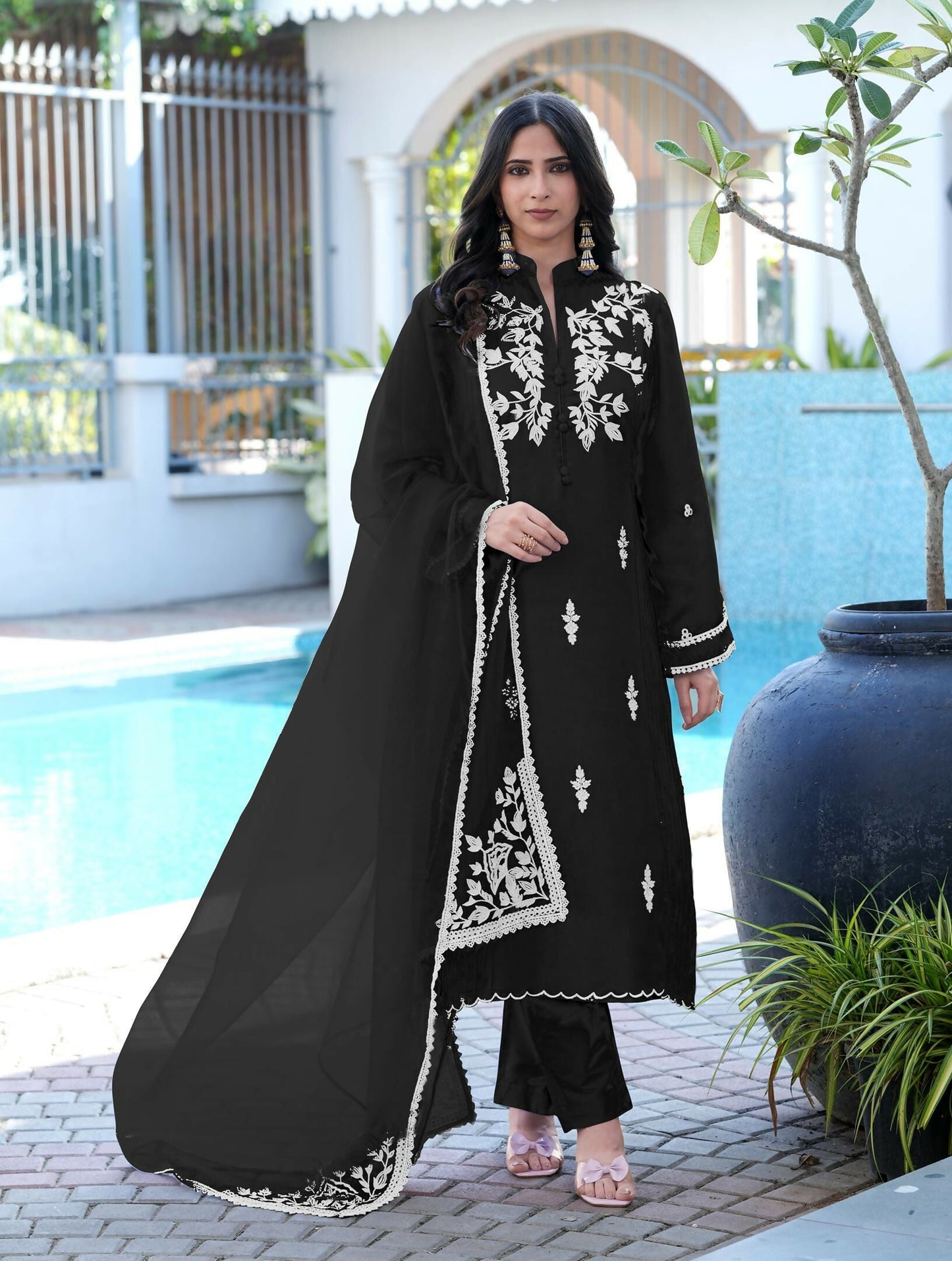 Nikhaar Black Embroidered Modal Silk Stitched Straight Cut Kurta Pants Dupatta Readymade Suit