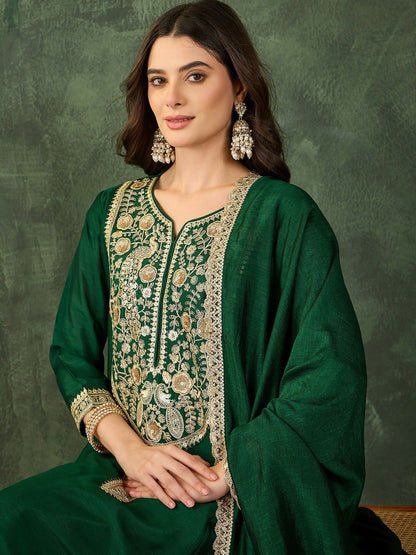 The52 Women's Beautiful Embroidery Work Vichitra Silk Fabric Flared Kurta Pant and Dupatta Set-Green
