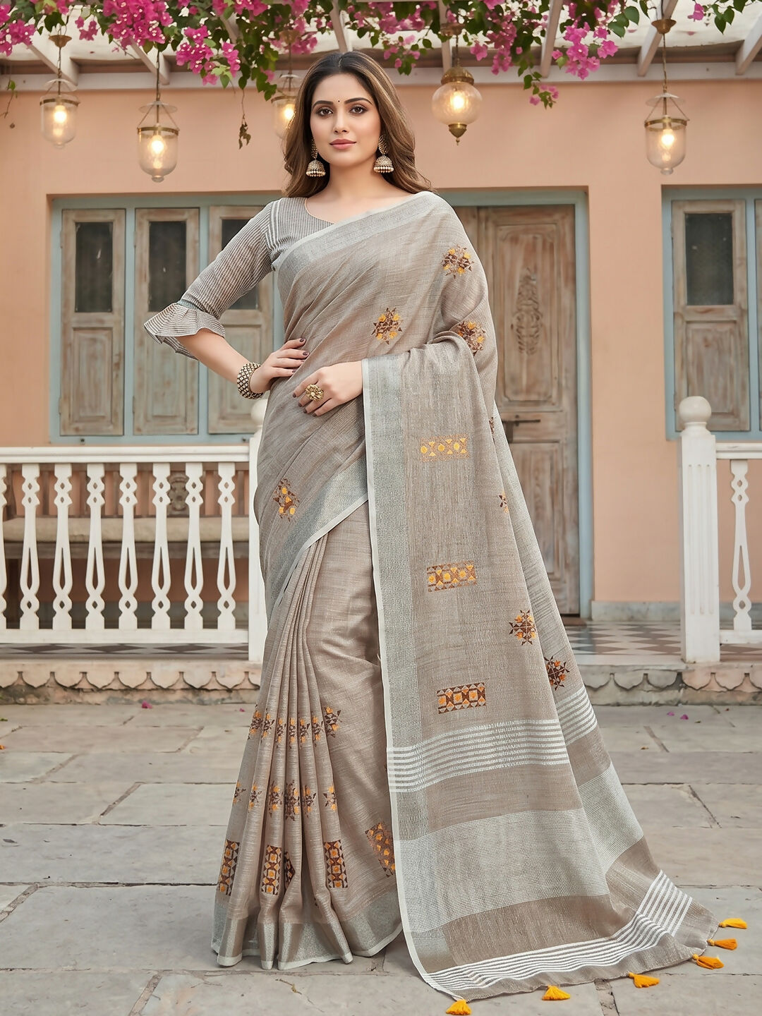 Shree Shyam Fashion Light Beige Linen Saree
