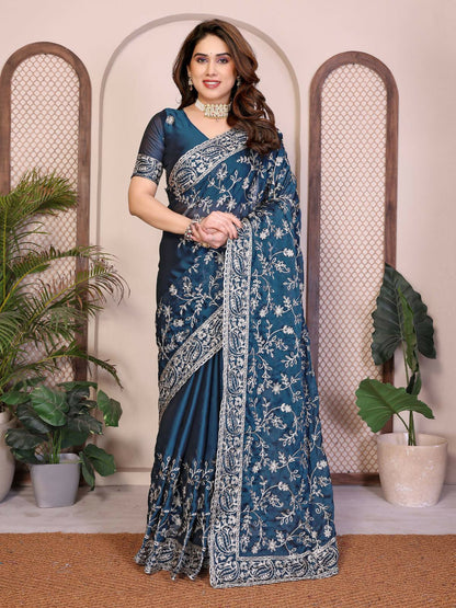 Teeya Creation New Trendy Stylish Party Wear Silk Saree-Blue