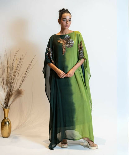 Timaraa Forest Green Ombre Embellished Georgette Kaftan Dress