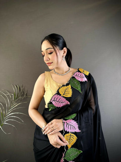 Prime Volt Multicolor Leaf Embroidery Rangoli Silk Saree with Scalloped Border-Black
