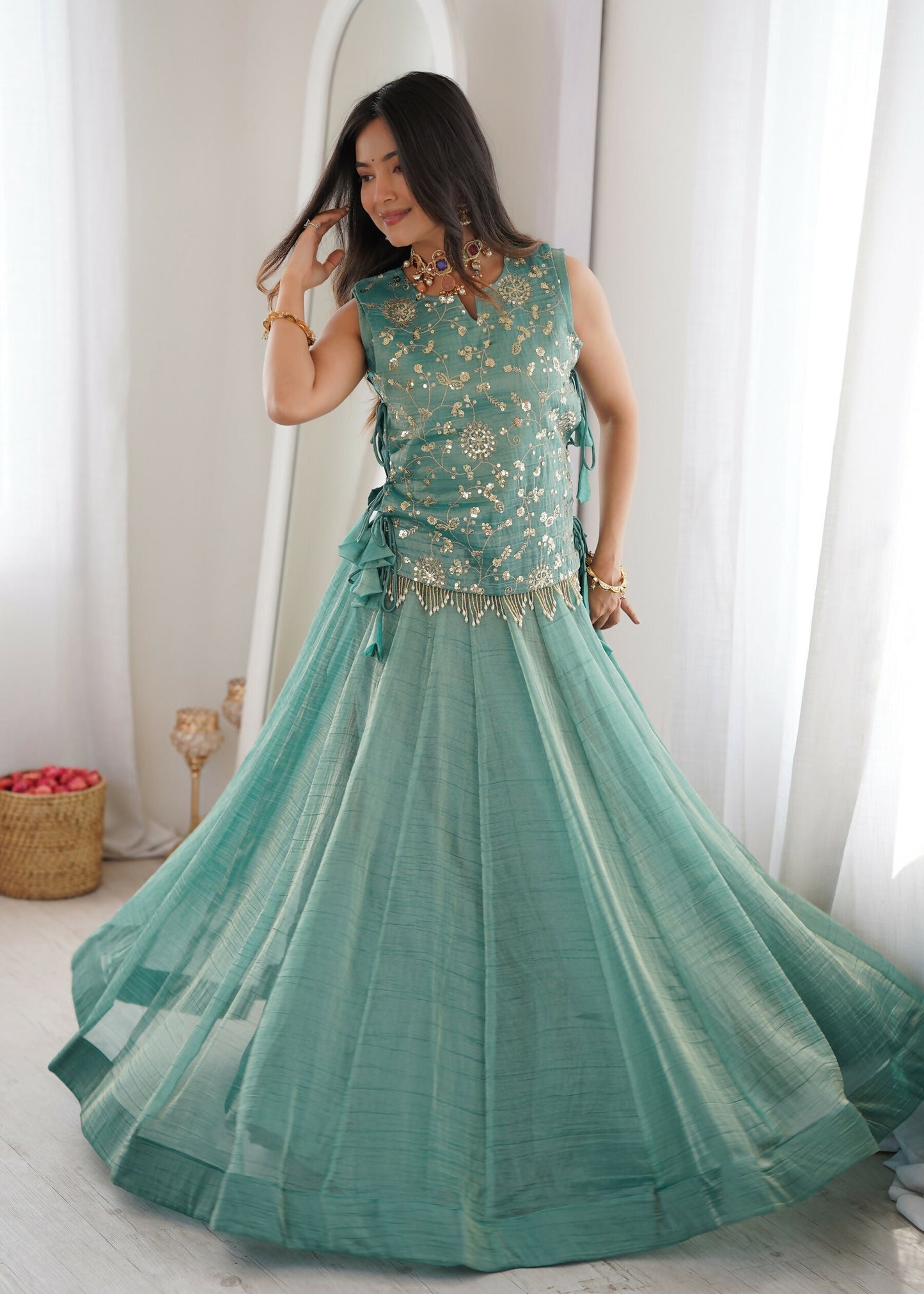 Lorenvalley Fashion Skyblue Salsa Crush Plain Lehenga Choli with Koti