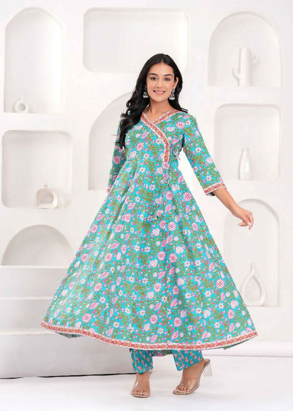 Jaimini Women Cotton Printed V-Neck 3/4 Sleeves Calf Length Angrakha Kurta Pant And Dupatta Set