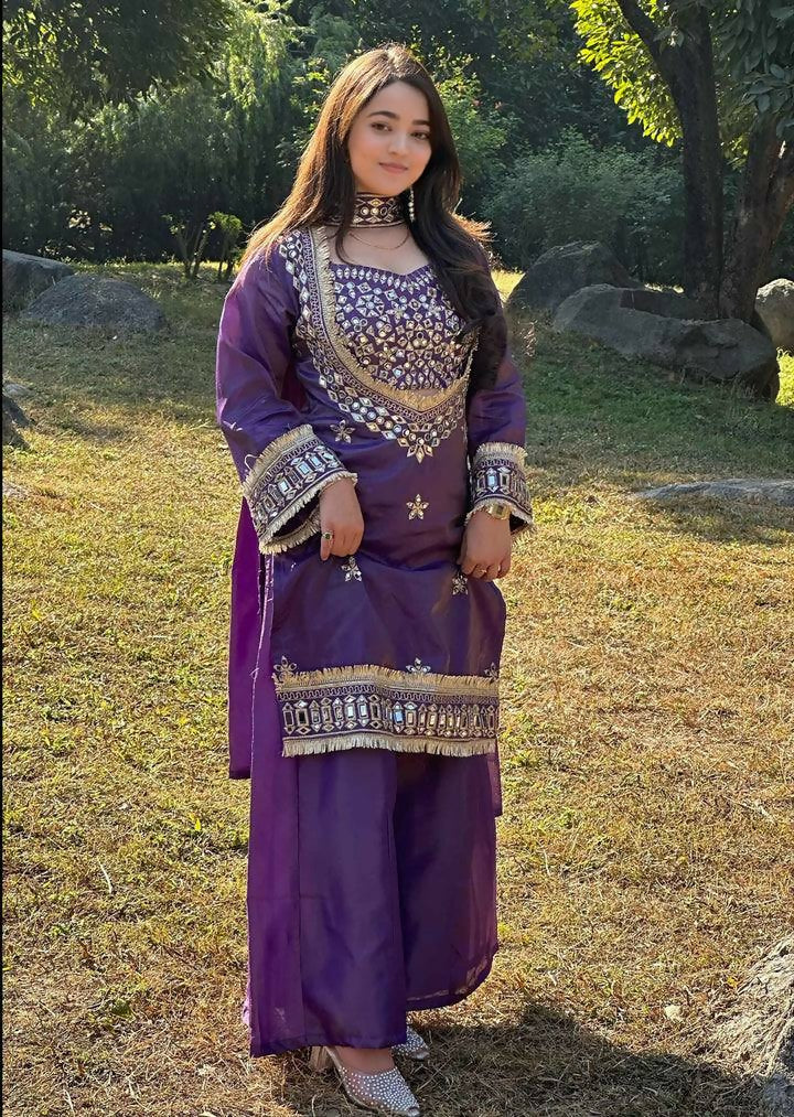 Teeya Creation New Trendy Stylish Real Mirror Work With Lace Border Purple Kurta Set