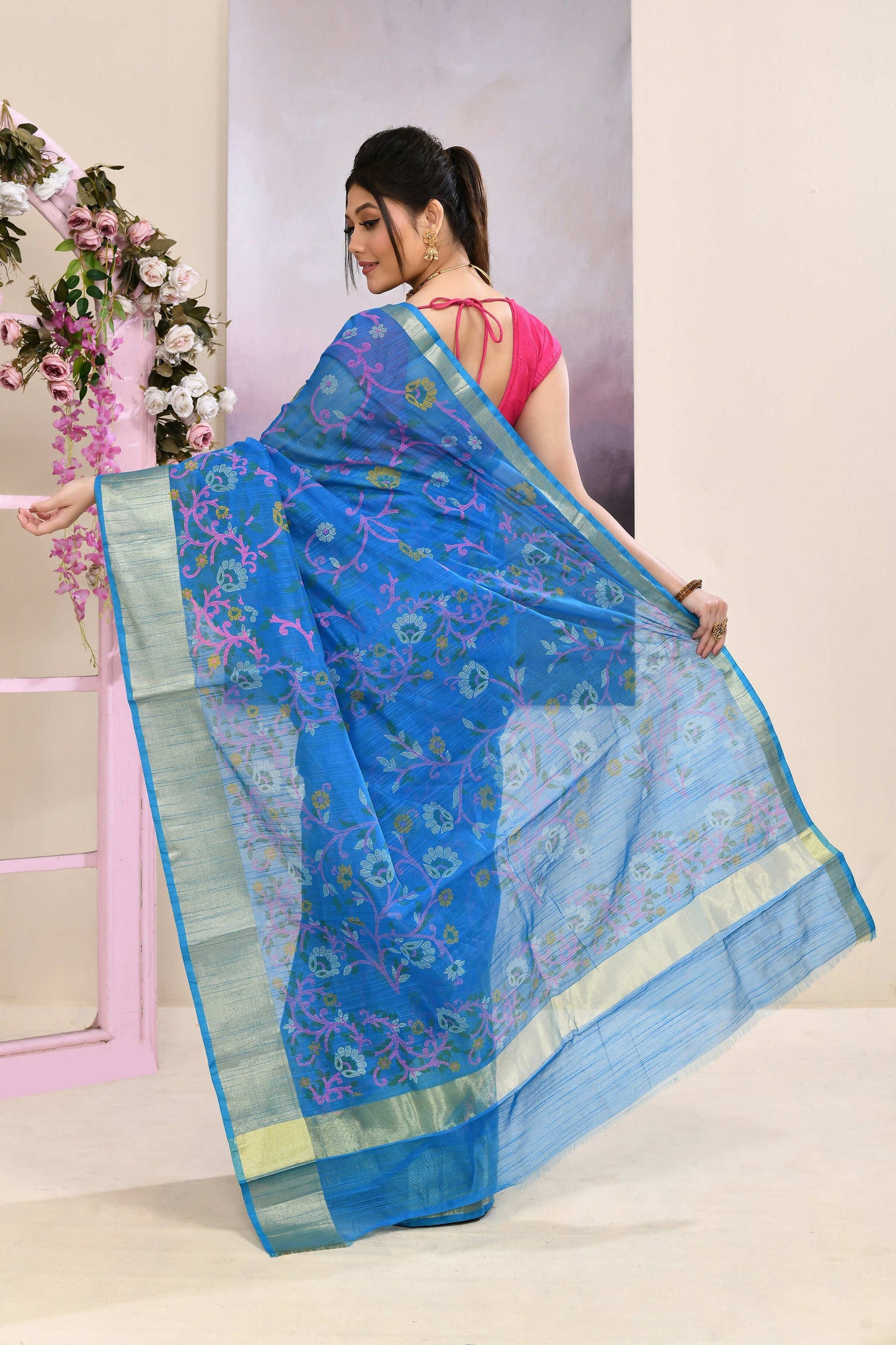Piyari Fashion Women's Sky Blue Embellished Cotton Blend Printed Saree