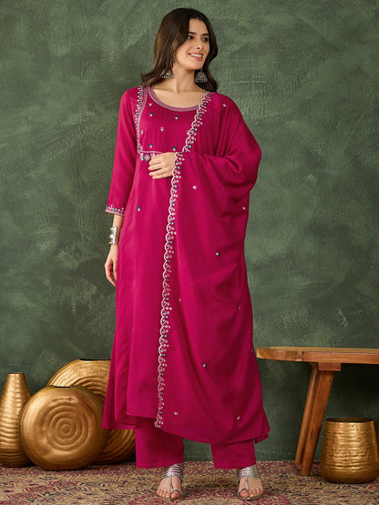 The52 Women's Gorgeous Embroidery Work Vichitra SIlk Fabric Flared Kurta Pant and Dupatta Set-Rani