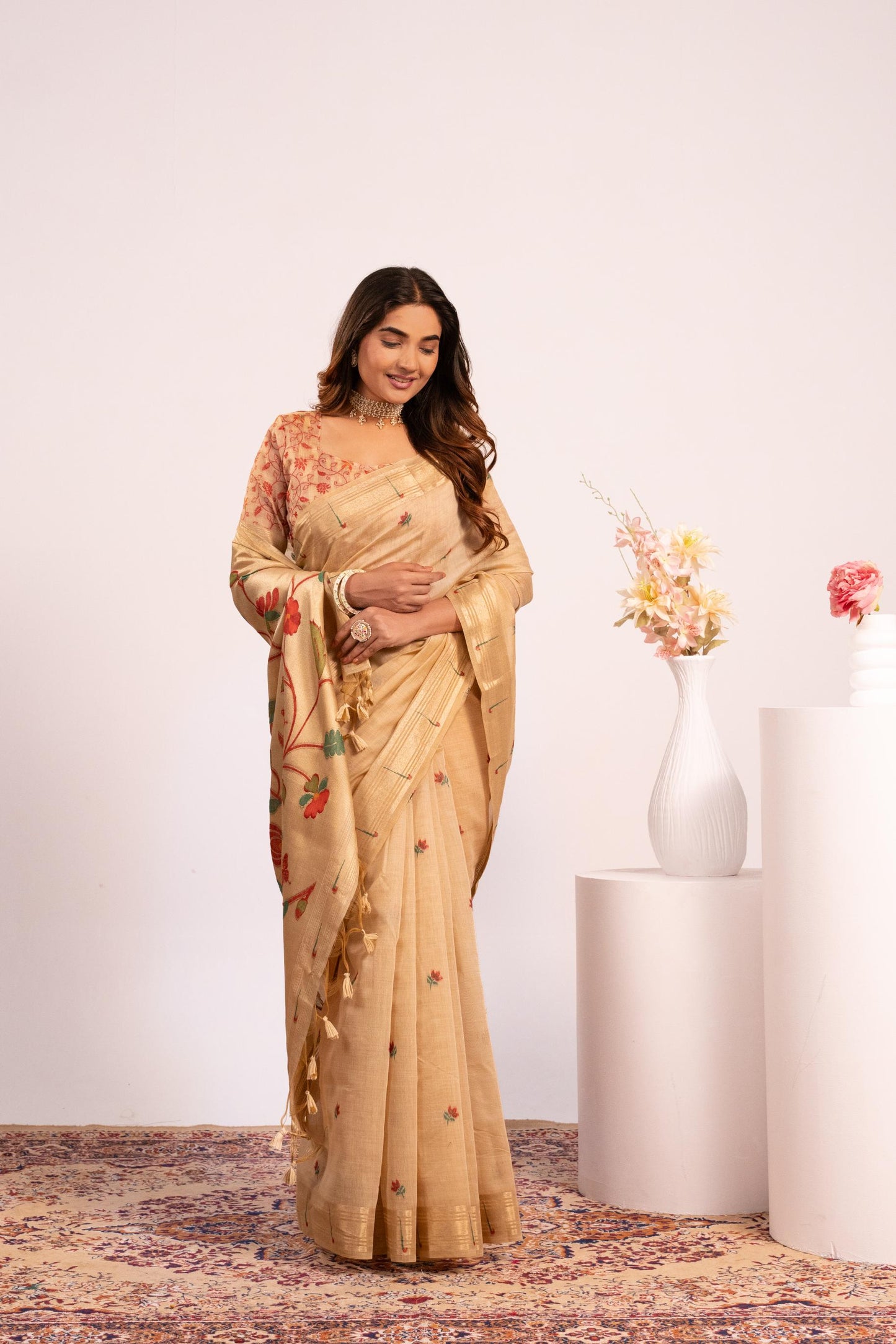Jyoti Fashion Women's Chiku Muga Cotton Zari Woven Saree with Blouse