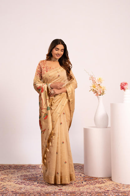 Jyoti Fashion Women's Chiku Muga Cotton Zari Woven Saree with Blouse