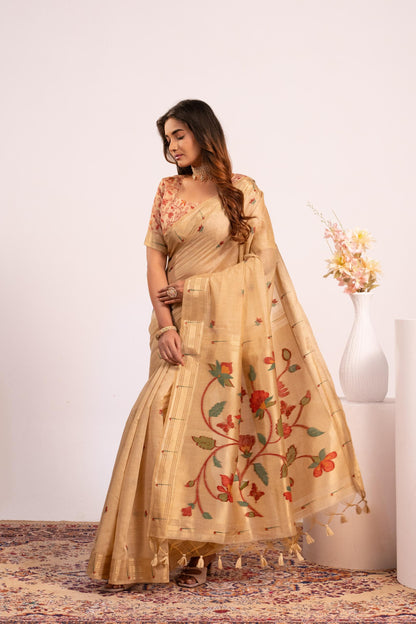 Jyoti Fashion Women's Chiku Muga Cotton Zari Woven Saree with Blouse