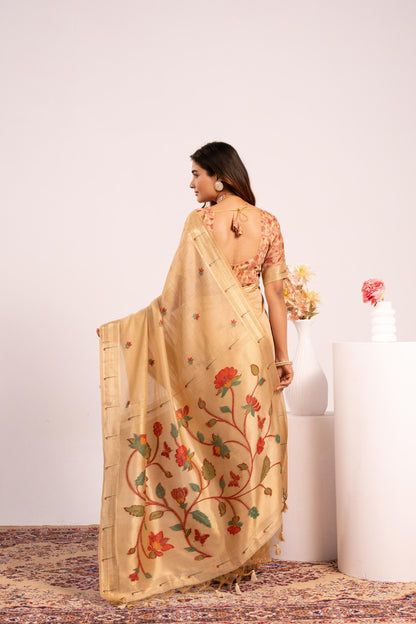 Jyoti Fashion Women's Chiku Muga Cotton Zari Woven Saree with Blouse