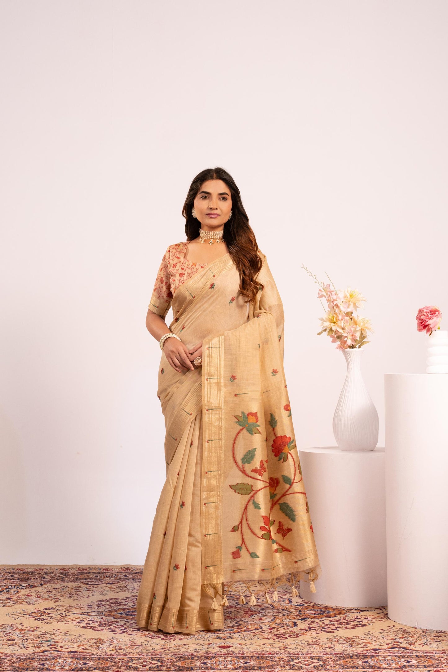 Jyoti Fashion Women's Chiku Muga Cotton Zari Woven Saree with Blouse