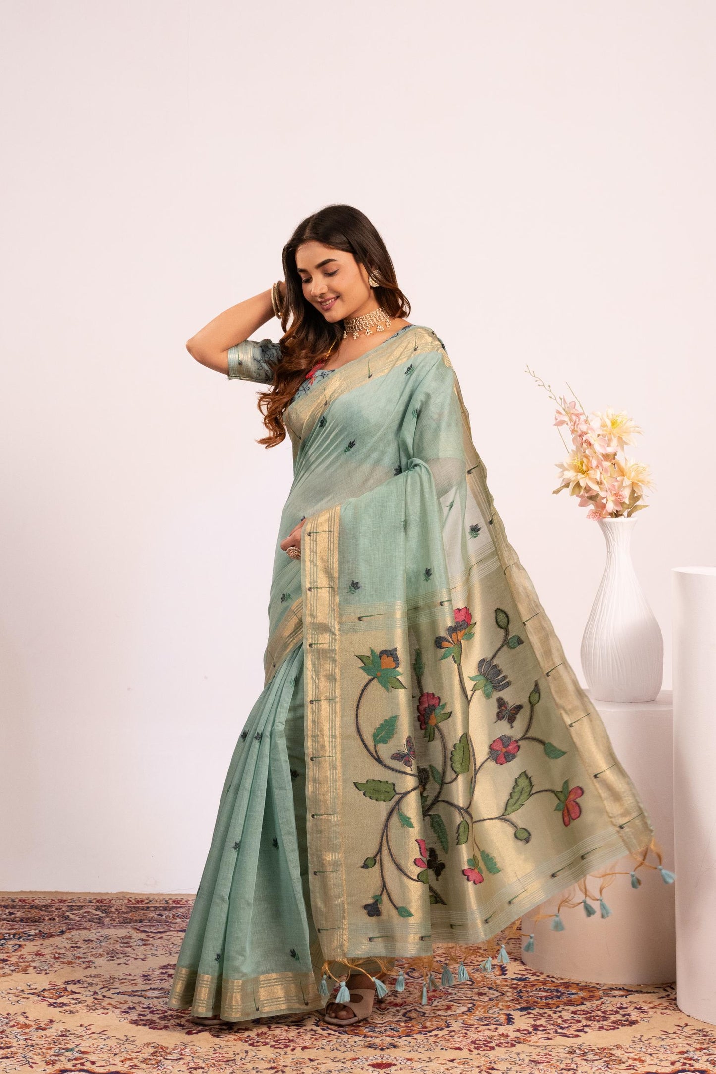 Jyoti Fashion Women's Firozi Muga Cotton Zari Woven Saree with Blouse