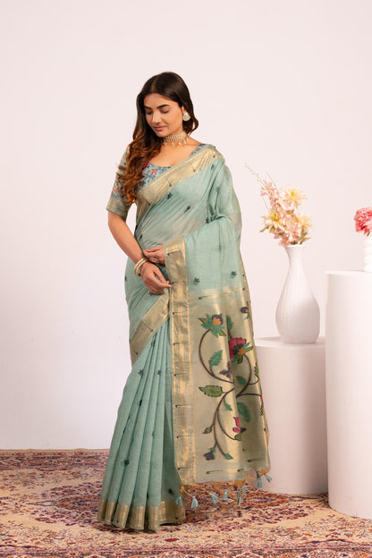 Jyoti Fashion Women's Firozi Muga Cotton Zari Woven Saree with Blouse
