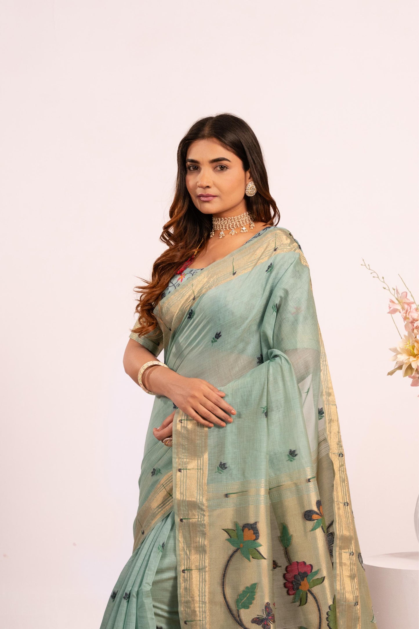 Jyoti Fashion Women's Firozi Muga Cotton Zari Woven Saree with Blouse