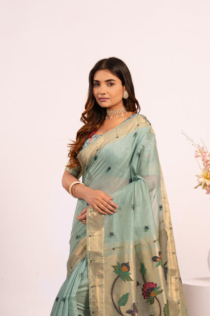 Jyoti Fashion Women's Firozi Muga Cotton Zari Woven Saree with Blouse