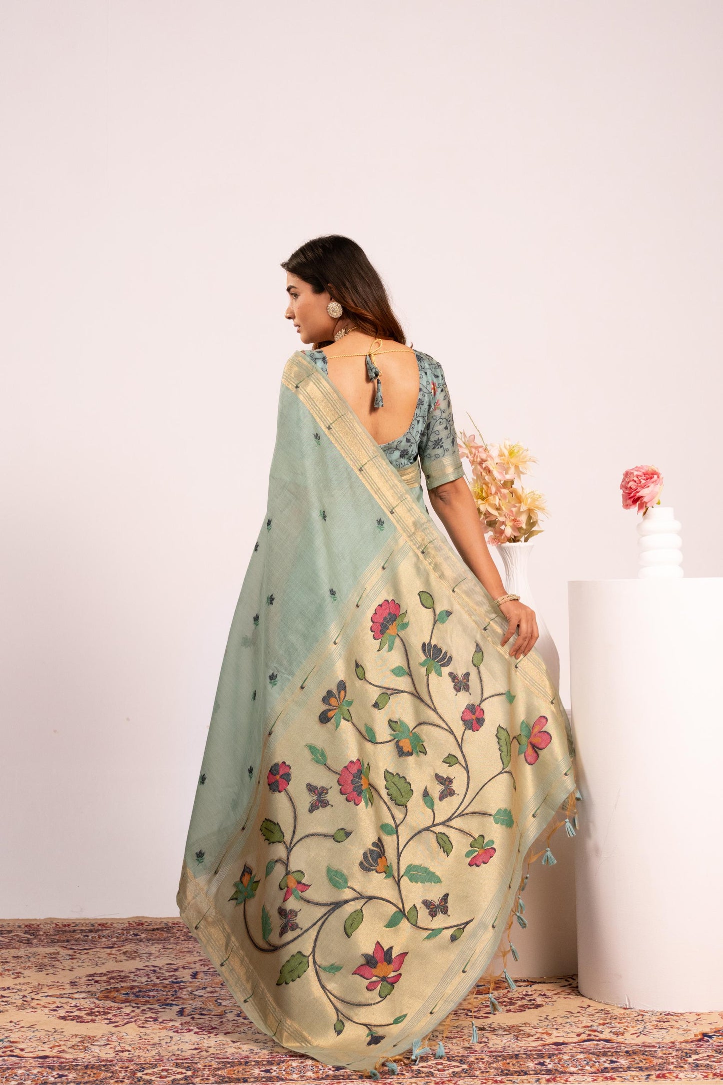 Jyoti Fashion Women's Firozi Muga Cotton Zari Woven Saree with Blouse