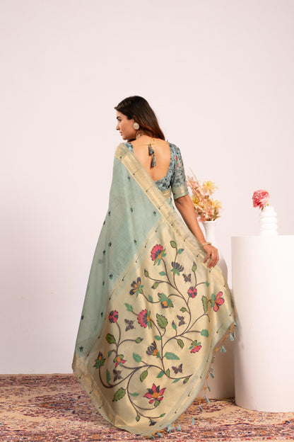 Jyoti Fashion Women's Firozi Muga Cotton Zari Woven Saree with Blouse