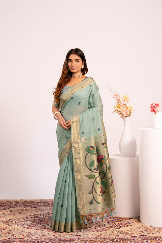 Jyoti Fashion Women's Firozi Muga Cotton Zari Woven Saree with Blouse