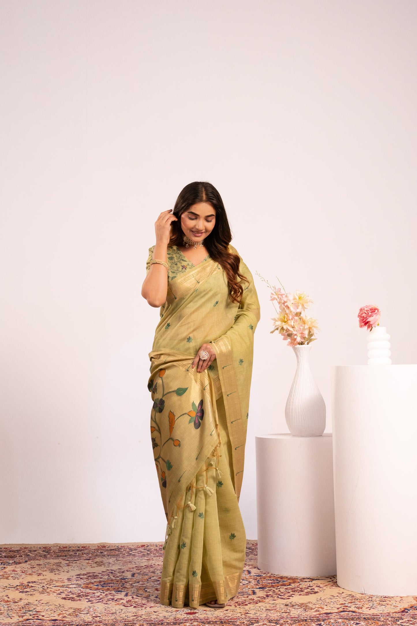 Jyoti Fashion Women's Pista Muga Cotton Zari Woven Saree with Blouse