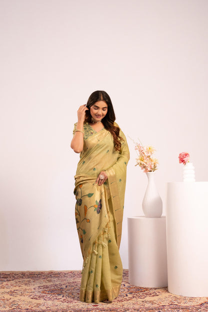 Jyoti Fashion Women's Pista Muga Cotton Zari Woven Saree with Blouse