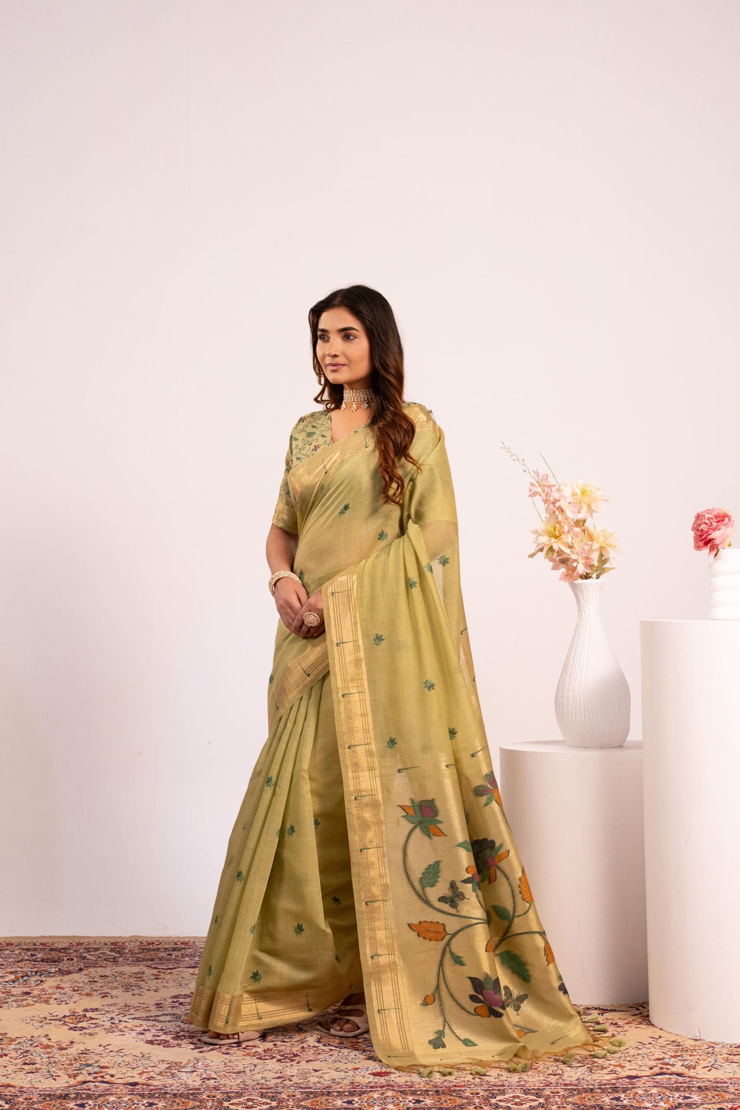 Jyoti Fashion Women's Pista Muga Cotton Zari Woven Saree with Blouse