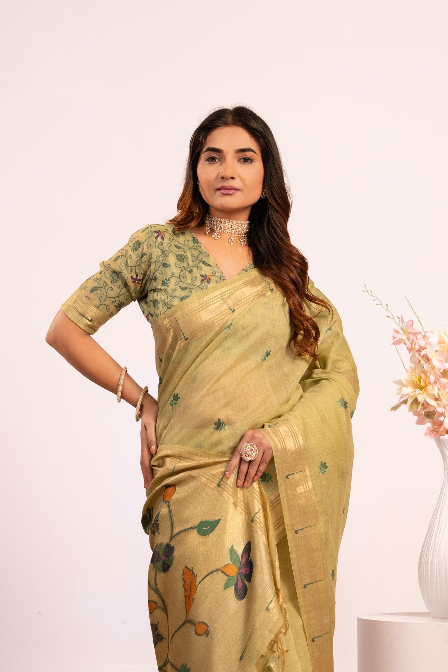 Jyoti Fashion Women's Pista Muga Cotton Zari Woven Saree with Blouse