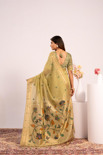 Jyoti Fashion Women's Pista Muga Cotton Zari Woven Saree with Blouse