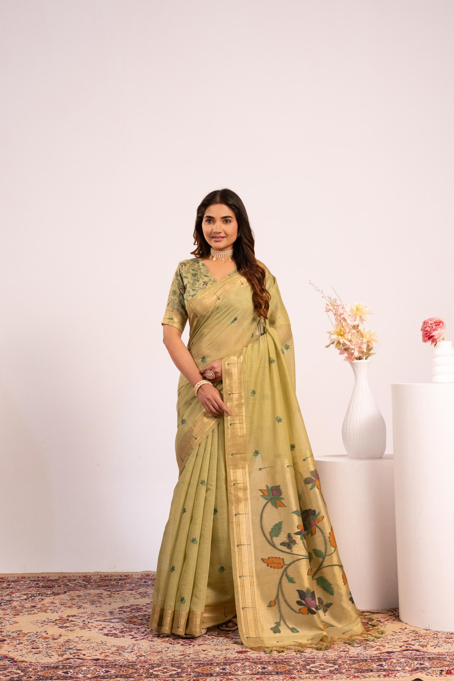 Jyoti Fashion Women's Pista Muga Cotton Zari Woven Saree with Blouse