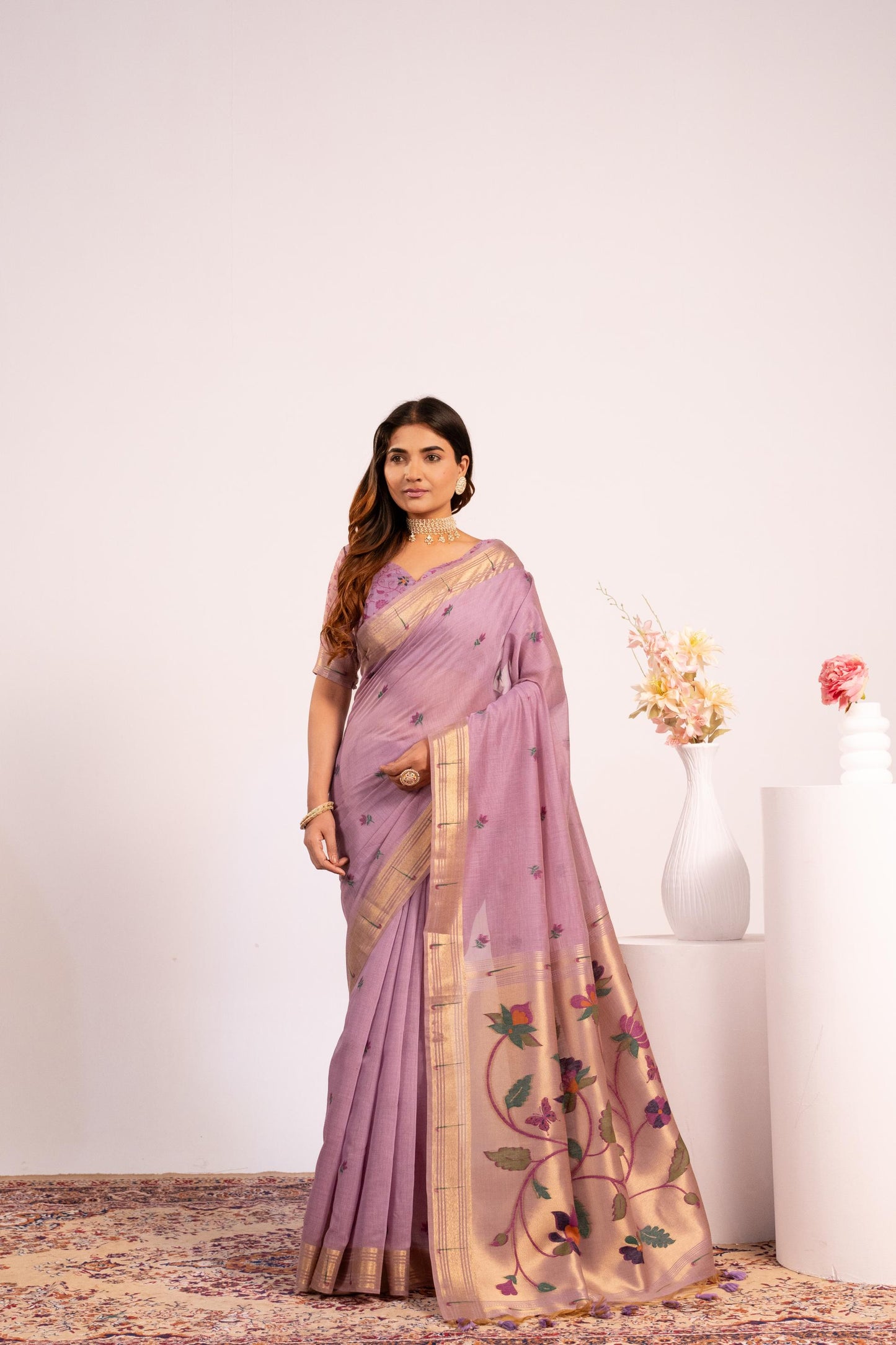 Jyoti Fashion Women's Purple Muga Cotton Zari Woven Saree with Blouse