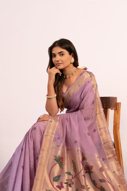 Jyoti Fashion Women's Purple Muga Cotton Zari Woven Saree with Blouse