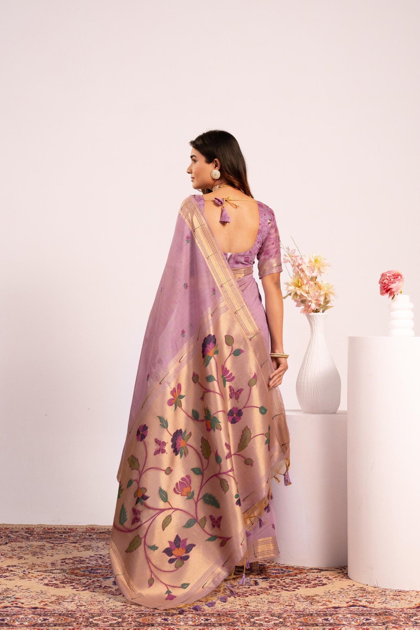 Jyoti Fashion Women's Purple Muga Cotton Zari Woven Saree with Blouse