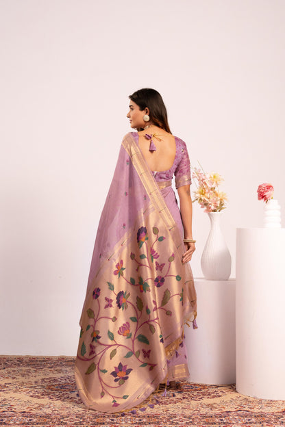 Jyoti Fashion Women's Purple Muga Cotton Zari Woven Saree with Blouse