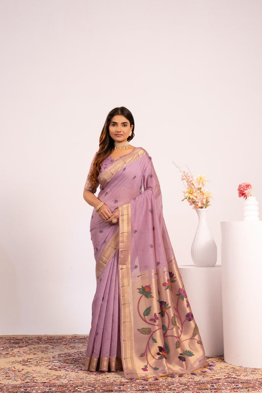 Jyoti Fashion Women's Purple Muga Cotton Zari Woven Saree with Blouse