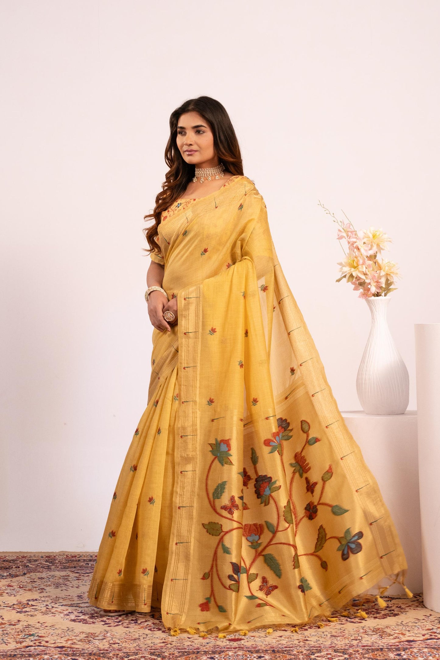 Jyoti Fashion Women's Yellow Muga Cotton Zari Woven Saree with Blouse