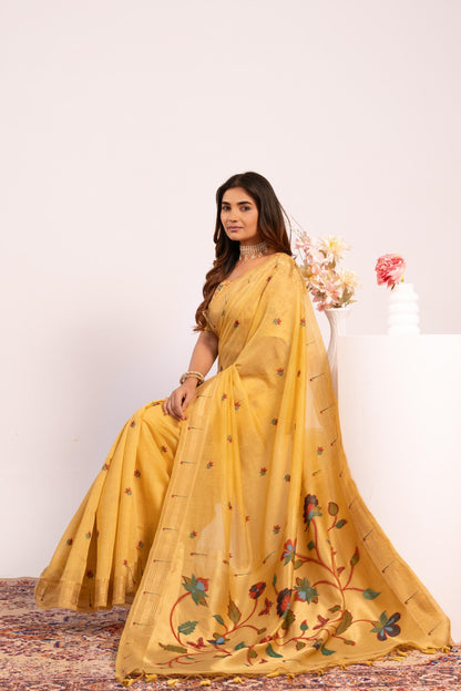 Jyoti Fashion Women's Yellow Muga Cotton Zari Woven Saree with Blouse