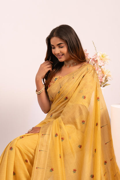Jyoti Fashion Women's Yellow Muga Cotton Zari Woven Saree with Blouse