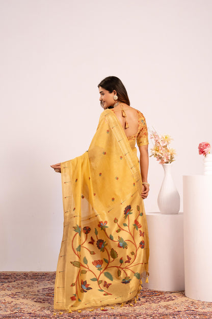 Jyoti Fashion Women's Yellow Muga Cotton Zari Woven Saree with Blouse