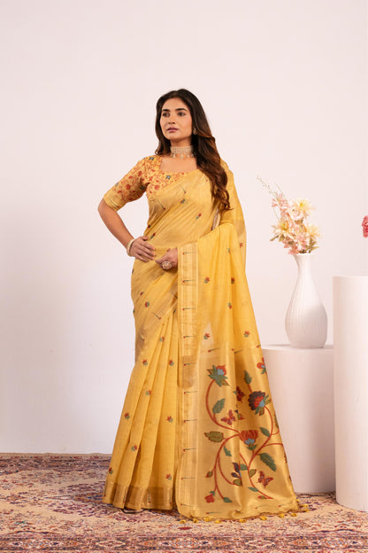 Jyoti Fashion Women's Yellow Muga Cotton Zari Woven Saree with Blouse