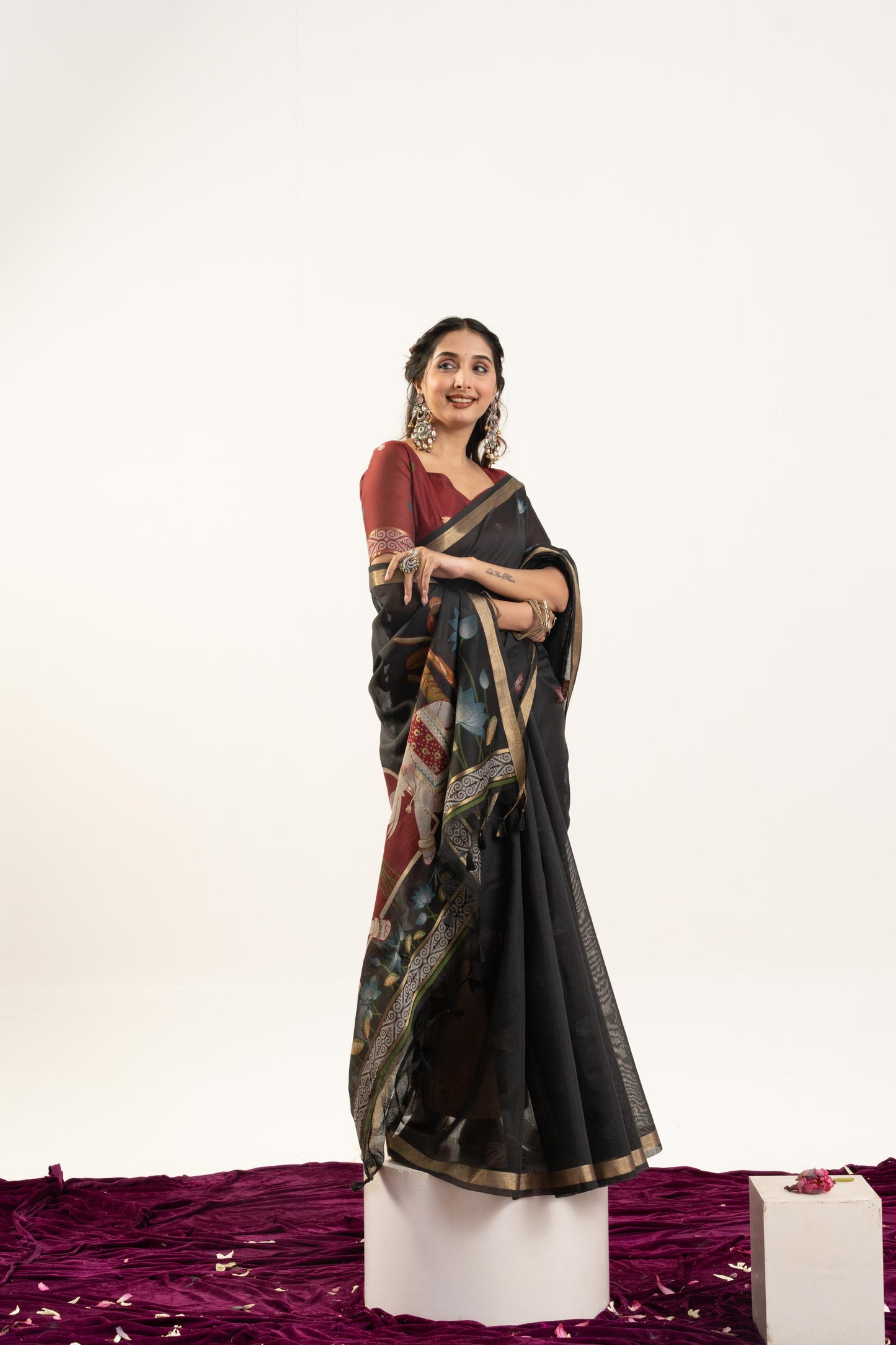 Jyoti Fashion Women's Black Soft Muga Cotton Zari Woven Saree with Blouse