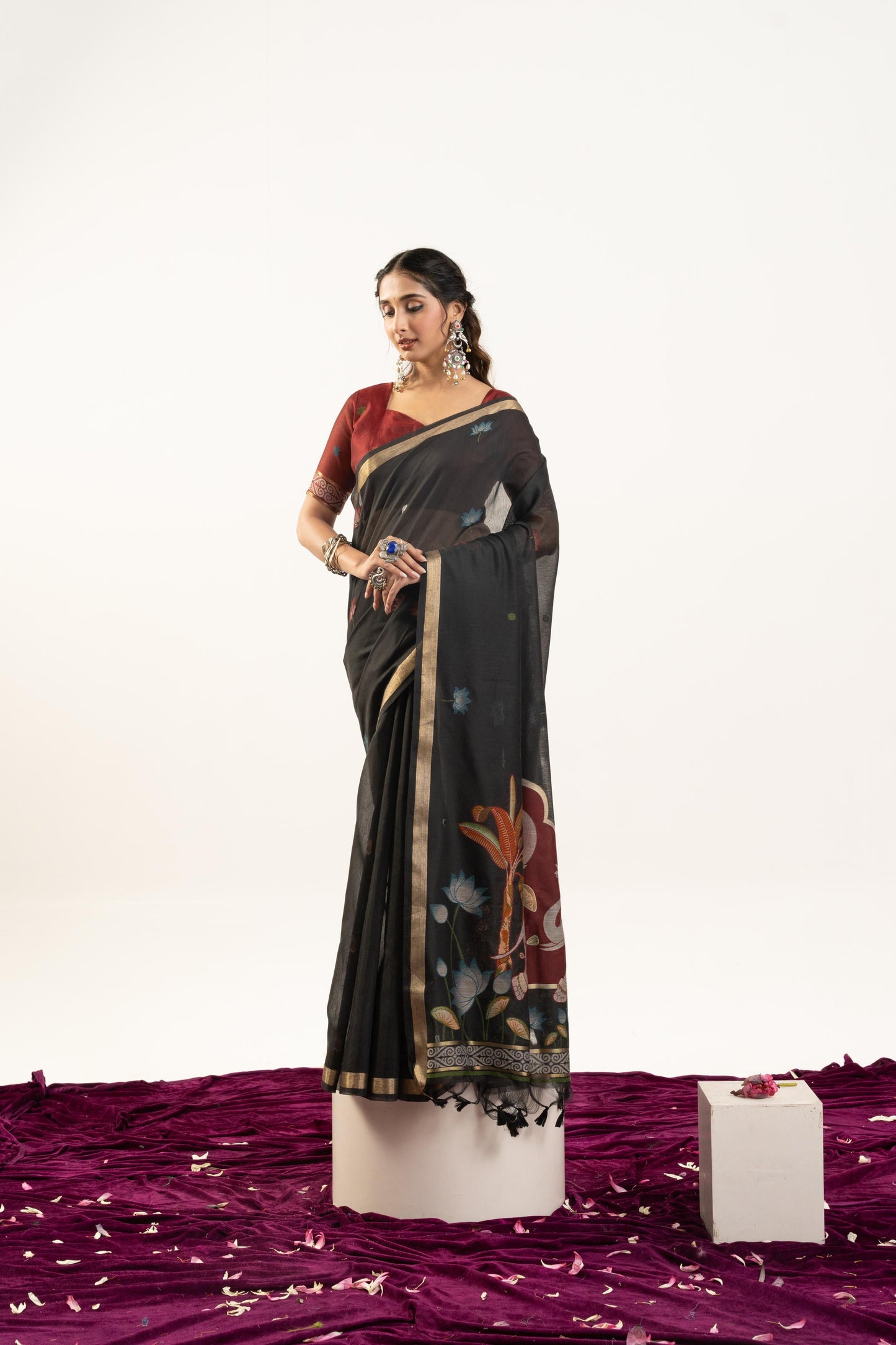 Jyoti Fashion Women's Black Soft Muga Cotton Zari Woven Saree with Blouse